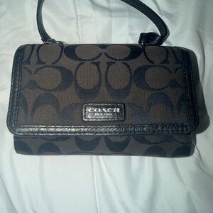 Coach Brown Signature Crossbody Wristlet with Black Trim